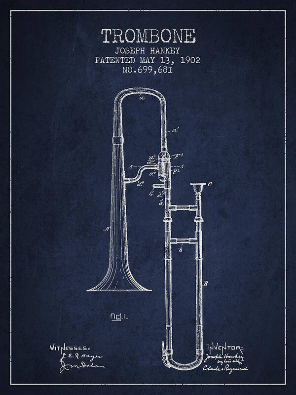 Trombone Poster featuring the digital art Trombone Patent from 1902 - Blue by Aged Pixel