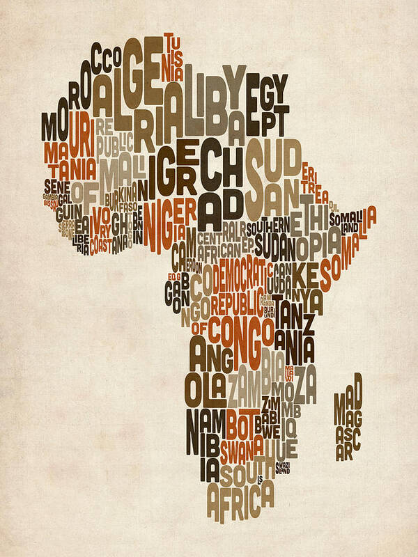 Africa Map Poster featuring the digital art Typography Text Map of Africa by Michael Tompsett