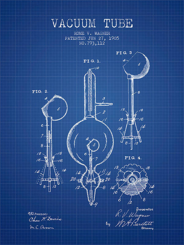 Electron Tube Poster featuring the digital art Vacuum Tube Patent From 1905 - Blueprint by Aged Pixel