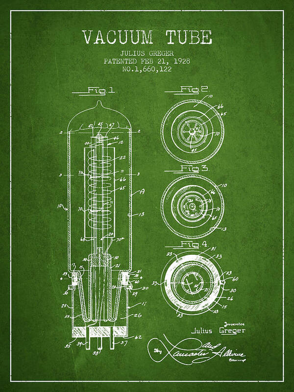 Electron Tube Poster featuring the digital art Vacuum Tube Patent From 1928 - Green by Aged Pixel