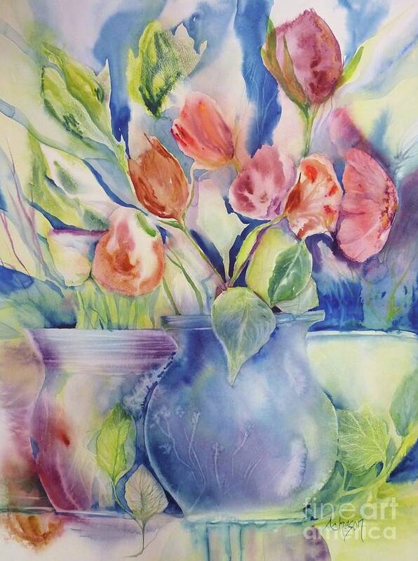 Vase Poster featuring the painting Vase and tulips by Donna Acheson-Juillet