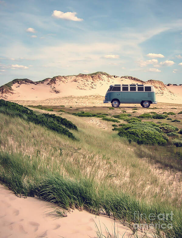 Dunes Poster featuring the photograph VW Surfer Bus out in the sand dunes by Edward Fielding