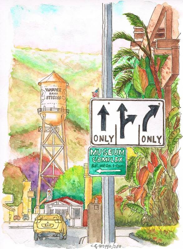  Warner Bros Poster featuring the painting Warner Bros Studios, Hollywood Way Gate, Burbank, California by Carlos G Groppa