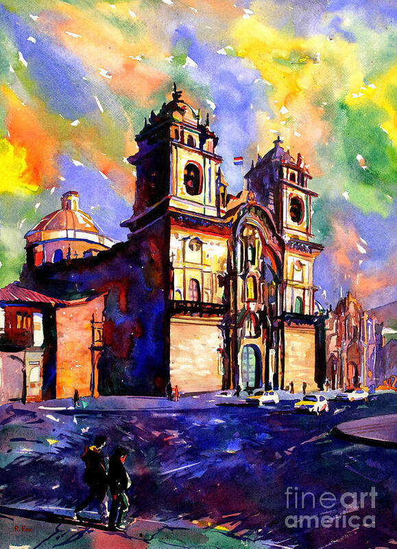  Poster featuring the painting Watercolor painting of Church on the Plaza de Armas Cusco Peru by Ryan Fox