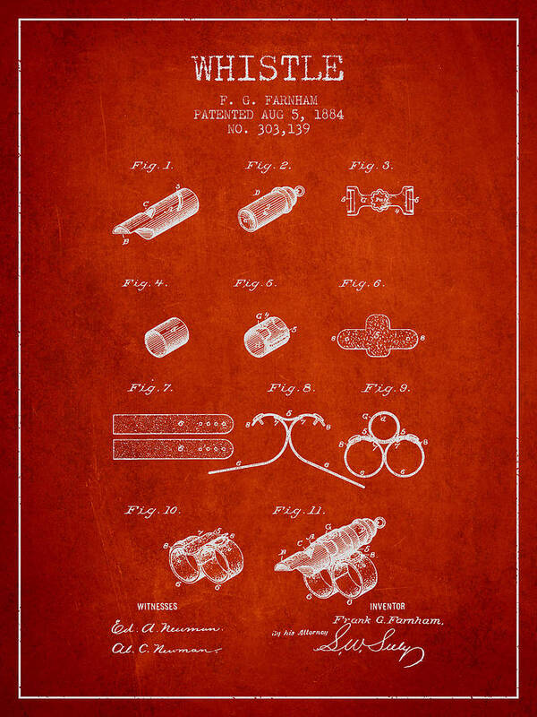 Whistle Poster featuring the digital art Whistle Patent from 1884 - Red by Aged Pixel