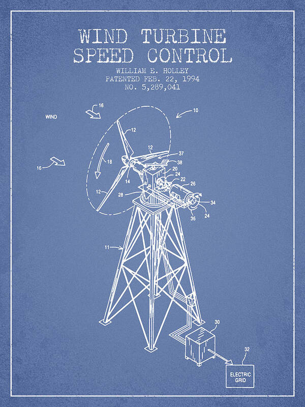 Wind Turbine Poster featuring the digital art Wind Turbine Speed Control Patent from 1994 - Light Blue by Aged Pixel