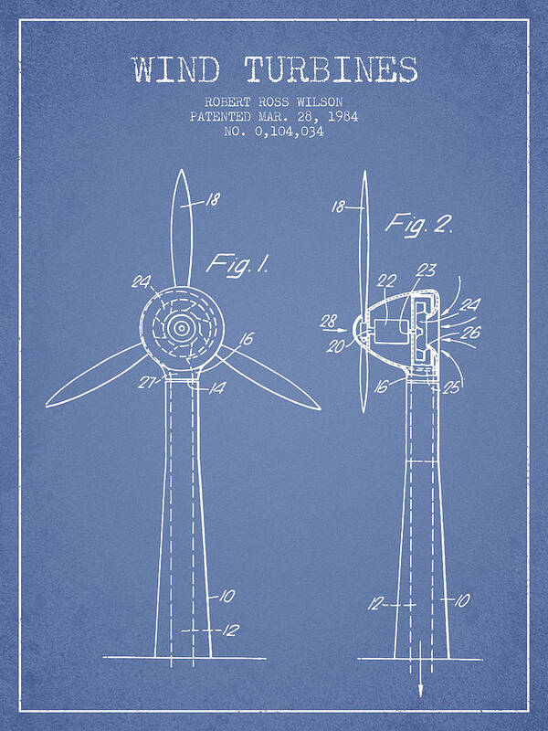 Wind Turbine Poster featuring the digital art Wind Turbines Patent from 1984 - Light Blue by Aged Pixel