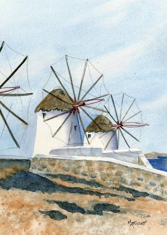 Greece Poster featuring the painting Windmills of Mykonos by Marsha Elliott