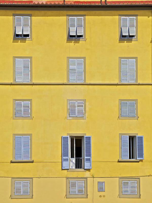 Balcony Poster featuring the photograph Windows of Florence Against a Faded Yellow Plaster Wall by David Letts