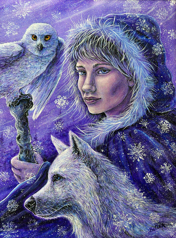 Portrait Fantasy Winter Owl Wolf Snow Wildlife Woman Girl Nature Cold Wind Poster featuring the painting Winter by Gail Butler