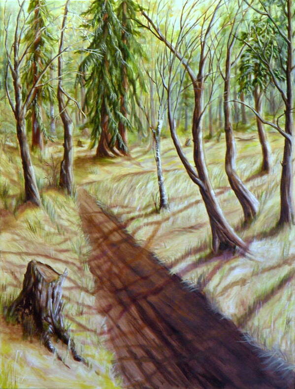 Trees Cedar Fir Cottonwood Stumps Branches Road Trail Light Shadow Grass Hills Forest Green Yellow Blue White Brown Grey Violet Sienna Orange Ochre Sky Poster featuring the painting Winter's Walk by Ida Eriksen