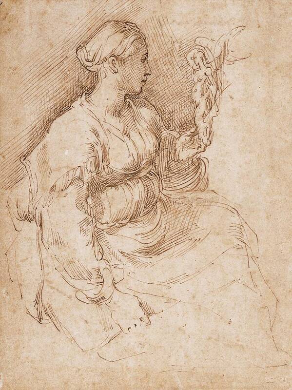 Female Poster featuring the photograph Woman Seated Holding A Statuette Of Victory, C.1524 Pen & Ink On Paper by Parmigianino
