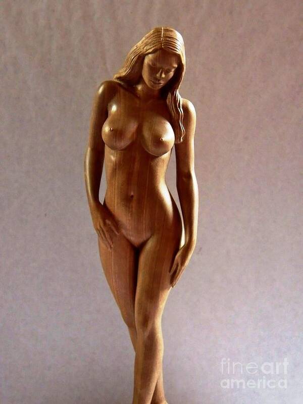 Naked Woman Wood Sculpture Poster featuring the sculpture Wood Sculpture of Naked Woman - Front View by Ronald Osborne