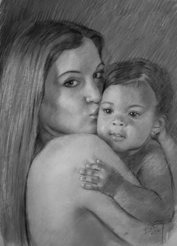 Young Mother Poster featuring the drawing Young Mother with her Baby by Viola El