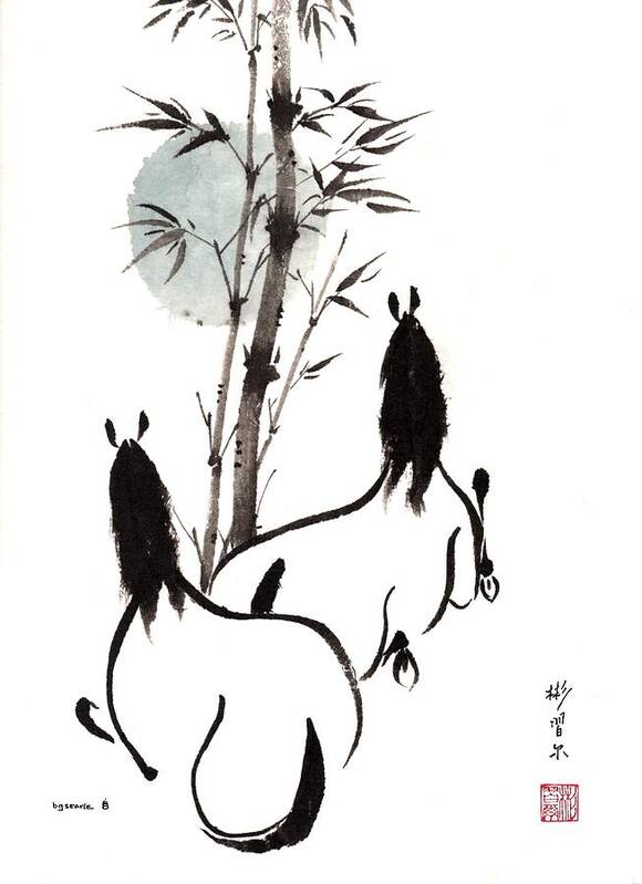 Chinese Brush Painting Poster featuring the painting Zen Horses Moon Reverence by Bill Searle