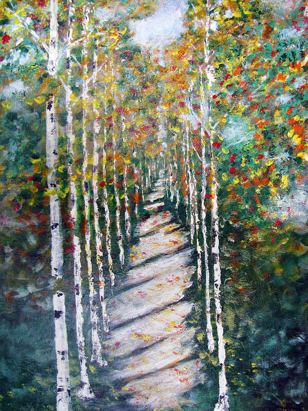 Trees Poster featuring the painting Birch Path in Fall by Gary Smith