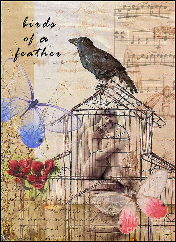 Art;vintage;woman;crow;butterfly;bird Cage;digital Collage;unique;one Of A Kind Poster featuring the digital art Birds of a Feather by Ruby Cross