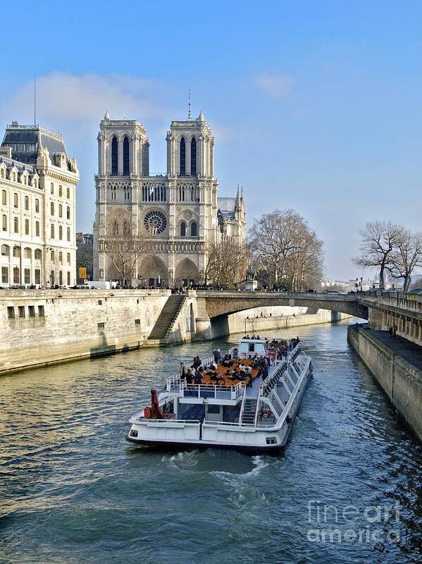 Trips Poster featuring the photograph Cathedral Notre-Dame de Paris and pleasure boat on the Seine river. Paris. France by Bernard Jaubert