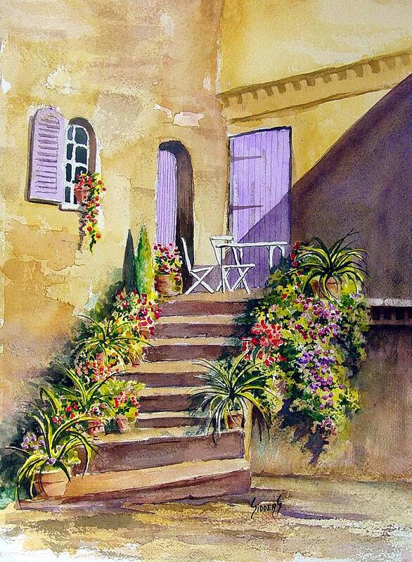 Flowers Poster featuring the painting Crooked Steps and Purple Doors by Sam Sidders