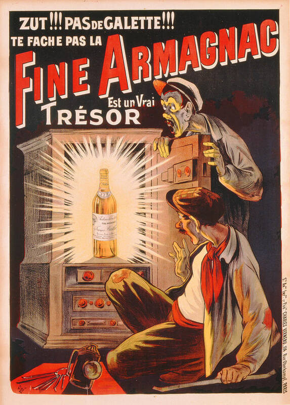 Advert;advertisement;french;publicity;vintage Poster;bottle;alcohol;alcoholic Beverage;drink;spirit;spirits;brand;branding;criminals;burglars;thieves;stealing;safe;treasure;male;surprised;comic;humour;humourous;exclamation;liquor Poster featuring the painting Fine Armagnac advertisement by Eugene Oge