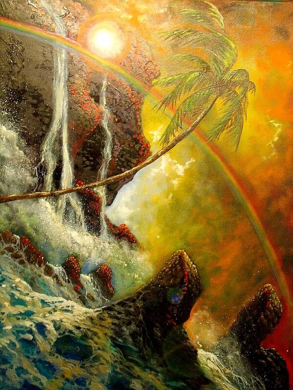 Hawaii Waimea Waterfall Seascape Poster featuring the painting Hawaii Waimea Falls by Leland Castro