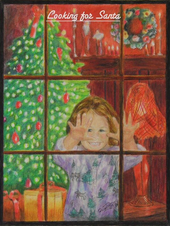 Christmas Card Poster featuring the drawing Looking for Santa by Quwatha Valentine