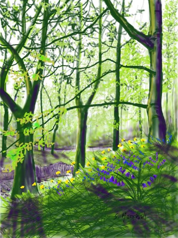 Flowers Poster featuring the digital art Marsh Marigolds and Bluebells by Glenn Marshall