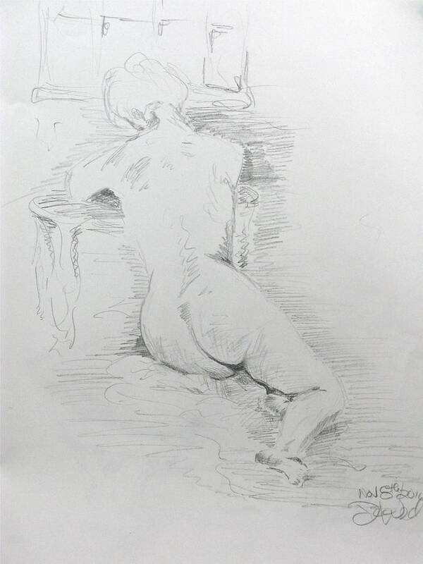 Nude Poster featuring the drawing Nude In Front Of Table And Window by Brian Sereda