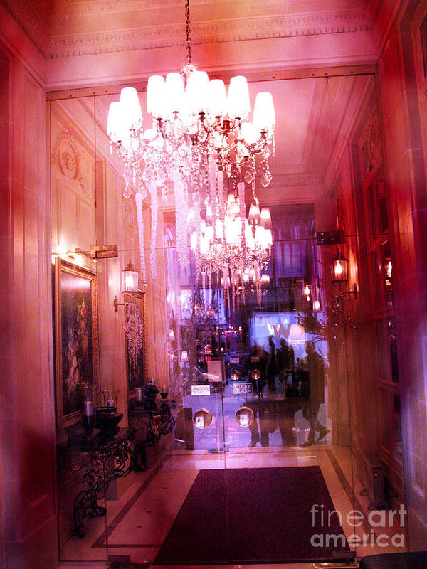 Paris Poster featuring the photograph Paris Posh Pink Red Hotel Interior Chandelier by Kathy Fornal