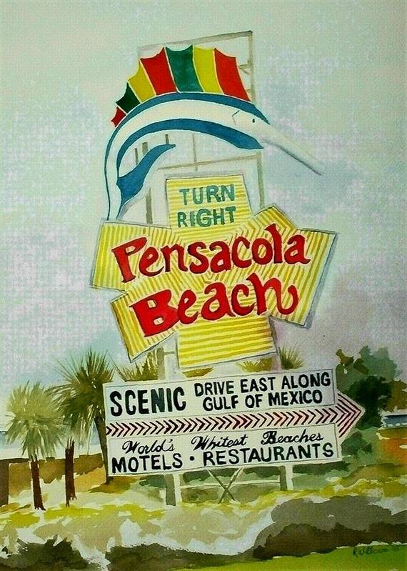 Landscape Poster featuring the painting Pensacola Beach SIgn by Richard Willows