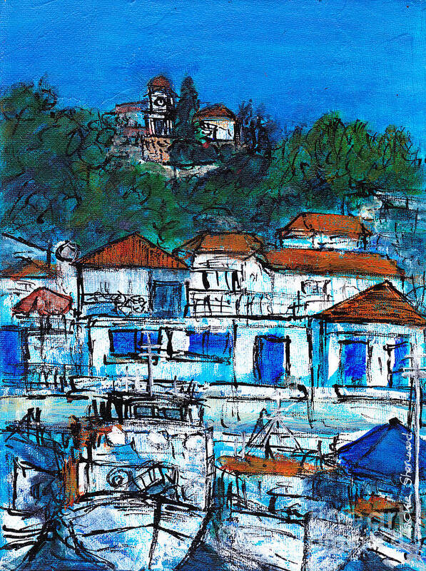 Greece Poster featuring the painting Skiathos Town Greece by Jackie Sherwood