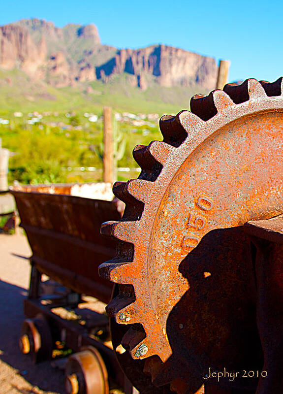 Arizona Artist Jephyr Aka Jeff Curtis Digital Photograph Photography Desert Ghost Town Gold Mining Rusting Relic Photographs Rust Poster featuring the photograph Tools of the Trade by Jephyr Art