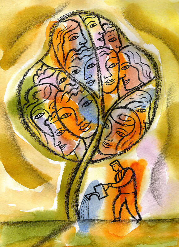 Administration Anticipation Assistance Bureaucracy Care Caring Color Color Image Colour Developing Development Drawing Expectation Female Future Group Grow Growing Growth Illustration Illustration And Painting Large Group Of People Male Man Manager Men And Women Nurture People Person Potential Supervisor Support Supportive Vertical Watering Woman Workforce Poster featuring the painting Manager #2 by Leon Zernitsky