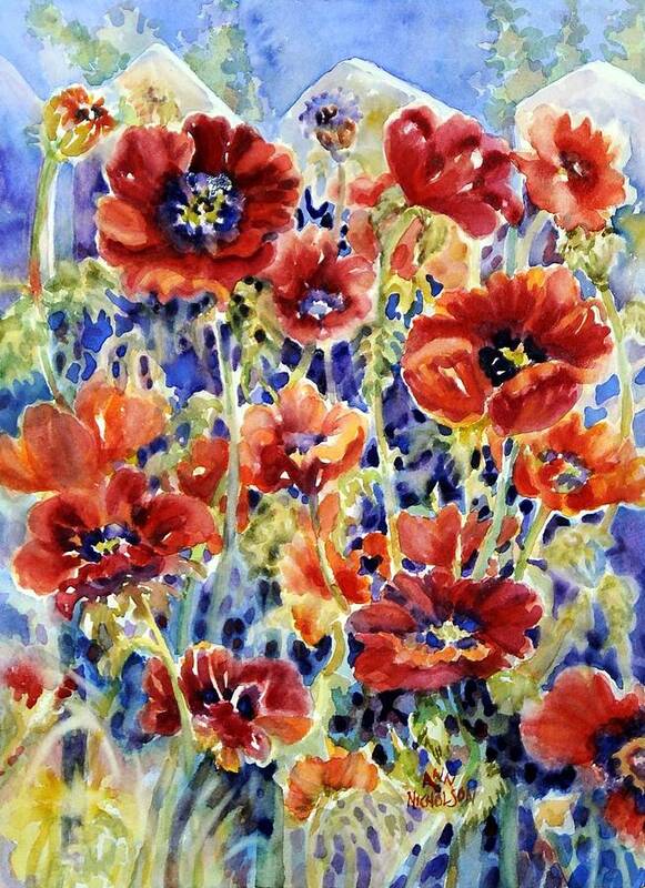 Watercolor Painting Poster featuring the painting Picket Fence Poppies #1 by Ann Nicholson