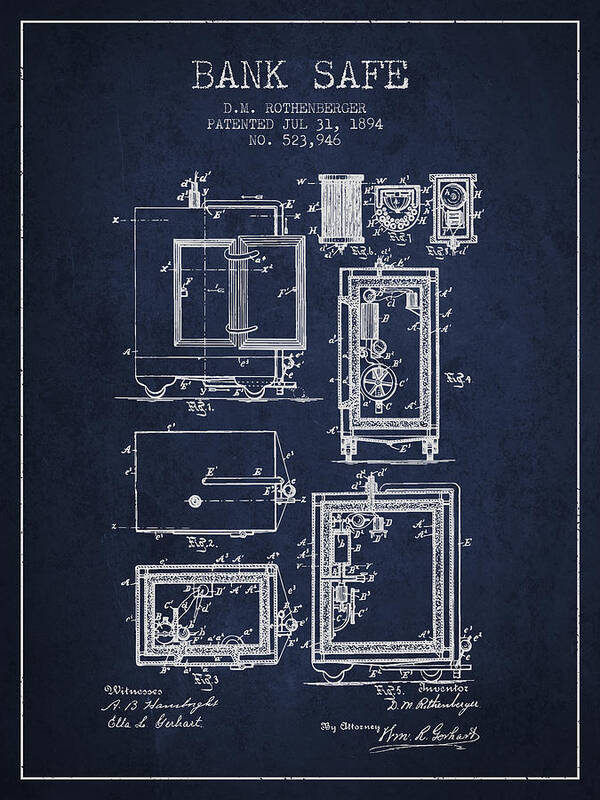 Bank Safe Poster featuring the digital art 1894 Bank Safe Patent - navy blue by Aged Pixel