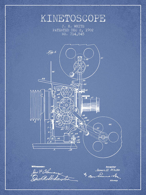 Camera Poster featuring the digital art 1902 Kinetoscope Patent - Light Blue by Aged Pixel