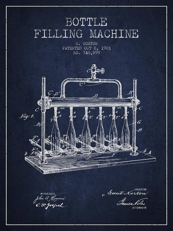 Bottle Machine Poster featuring the digital art 1903 Bottle Filling Machine patent - navy blue by Aged Pixel