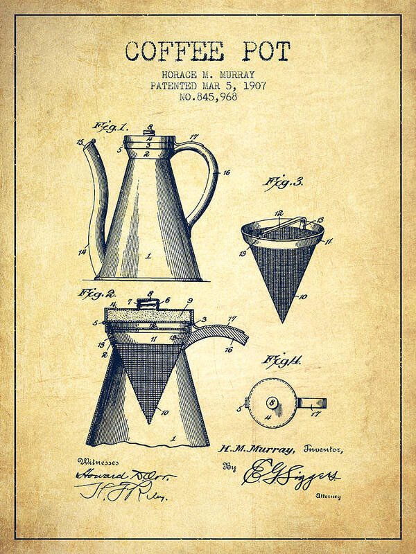 Coffee Poster featuring the digital art 1907 Coffee Pot patent - vintage by Aged Pixel