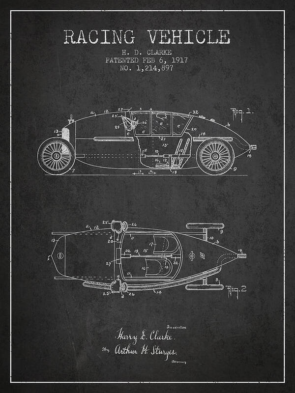 Racing Poster featuring the digital art 1917 Racing Vehicle Patent - Charcoal by Aged Pixel