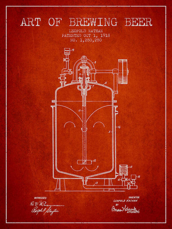 Beer Poster featuring the digital art 1918 Art of Brewing Beer Patent - Red by Aged Pixel