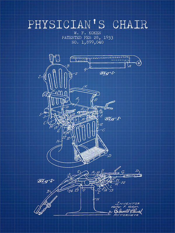 Physician Poster featuring the digital art 1933 Physicians chair patent - Blueprint by Aged Pixel