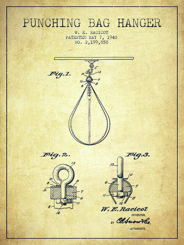 Boxing Poster featuring the digital art 1940 Punching Bag Hanger Patent SPBX13_VN by Aged Pixel