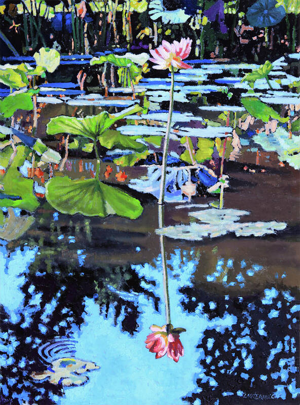 Garden Pond Poster featuring the painting Lotus Reflections #3 by John Lautermilch