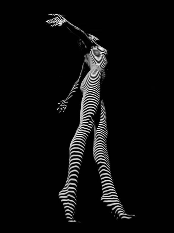 Zebra Poster featuring the photograph 9825-DJA Black and White Zebra Striped Woman Unique Perspective Fine Art Photograph by Chris Maher by Chris Maher