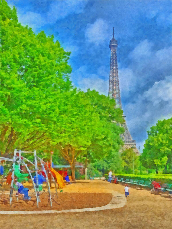Eiffel Tower Poster featuring the digital art A Champ de Mars Playground near the Eiffel Tower by Digital Photographic Arts