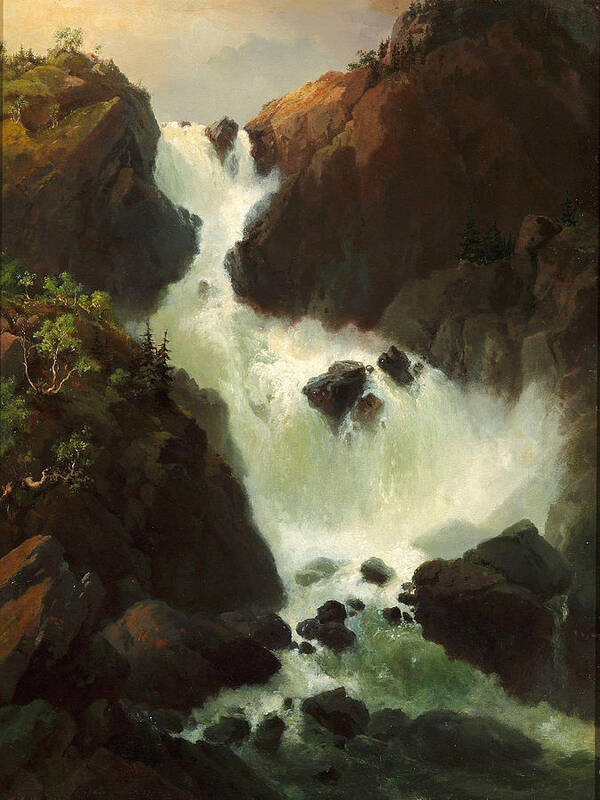 Vilhelm Melbye Poster featuring the painting A raging waterfall. Laatefossen in Hardanger. Norway by Vilhelm Melbye