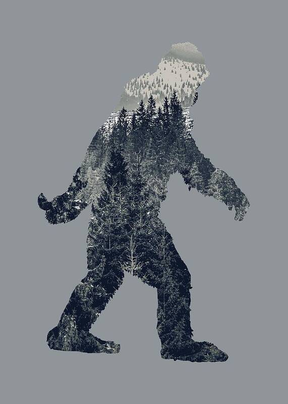 Sasquatch Poster featuring the digital art A Sasquatch Bigfoot Silhouette Hiking The Tundra Deep Forest by Garaga Designs