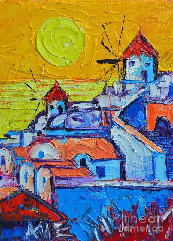 Santorini Poster featuring the painting Abstract Santorini Sunset Oia Windmills by Ana Maria Edulescu
