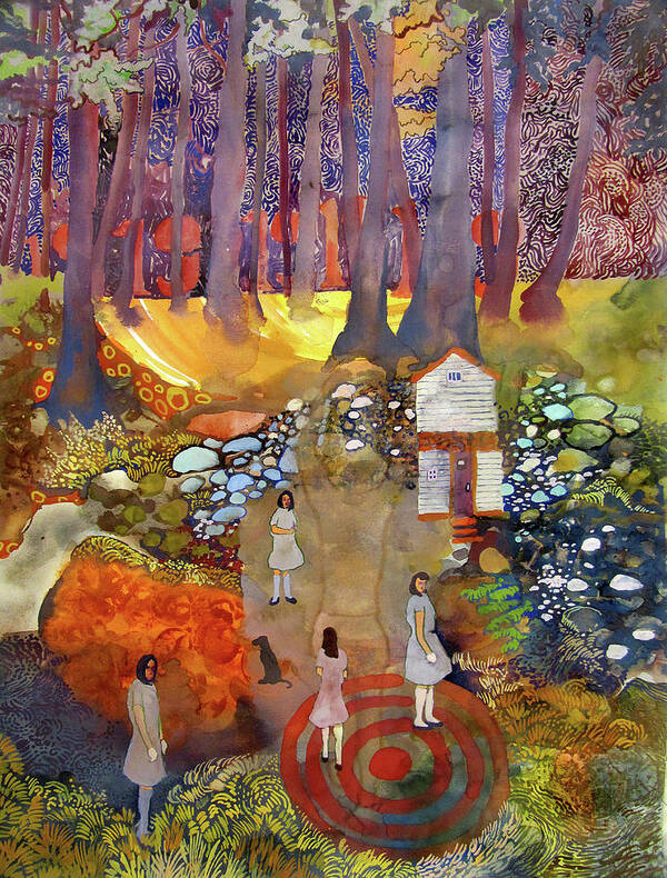 Girls Target Landscape Scenery People Grass Trees House Rocks Leaves Light Glow Poster featuring the painting All That Is Left Behind by James Huntley