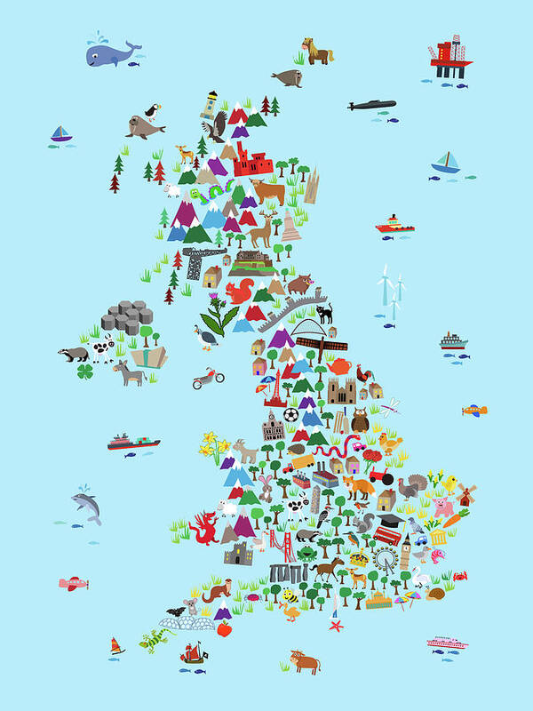 Great Britain Map Poster featuring the digital art Animal Map of Great Britain and NI for children and kids by Michael Tompsett